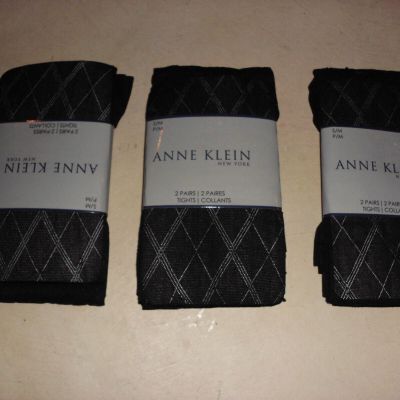 6 PAIRS Women's Tights Black  S/M  Solid & Diamond Pattern Anne Klein USA NWT